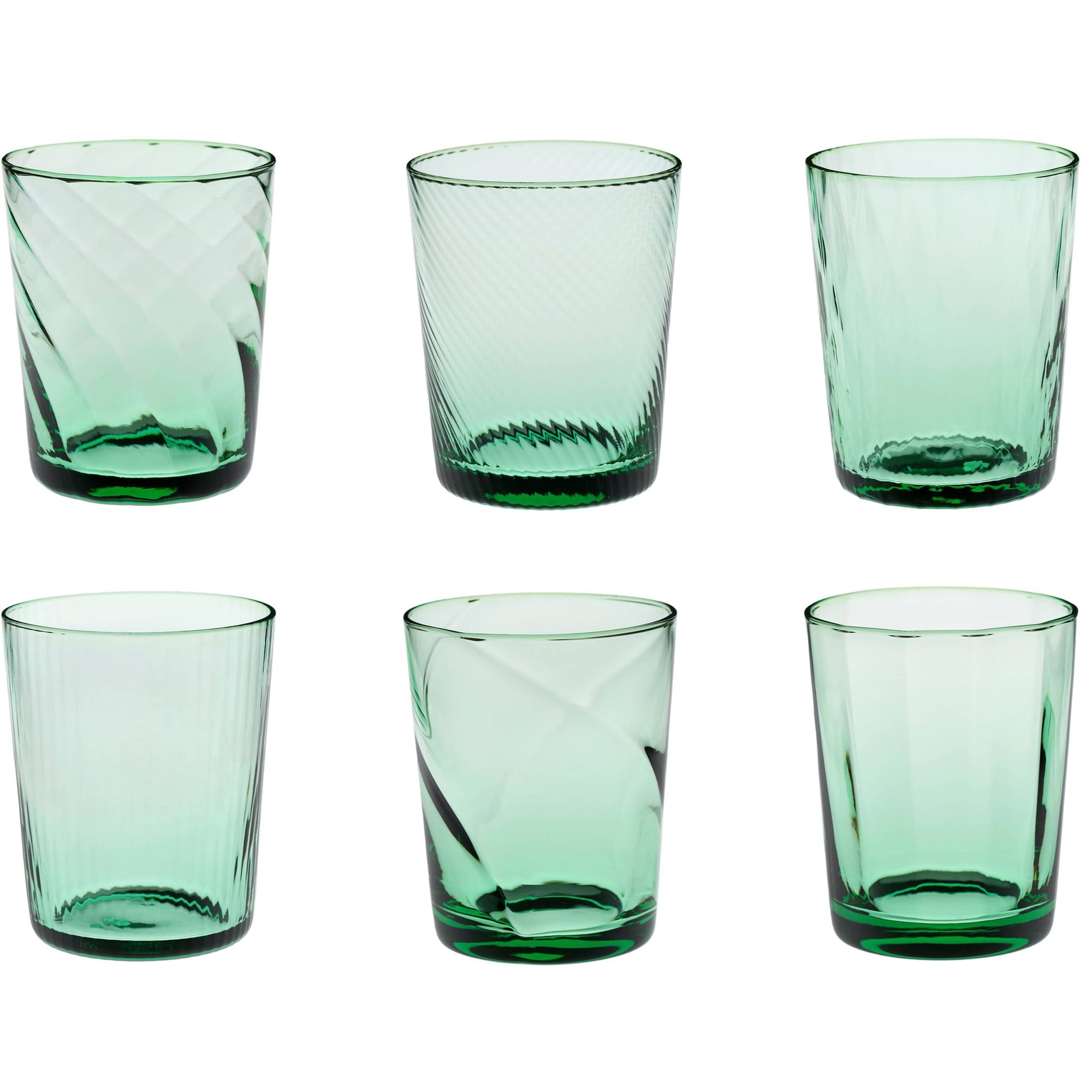 Set 6 bicchieri acqua "Tribeca" colore verde menta, in vetro disegni assortiti. Galbiati