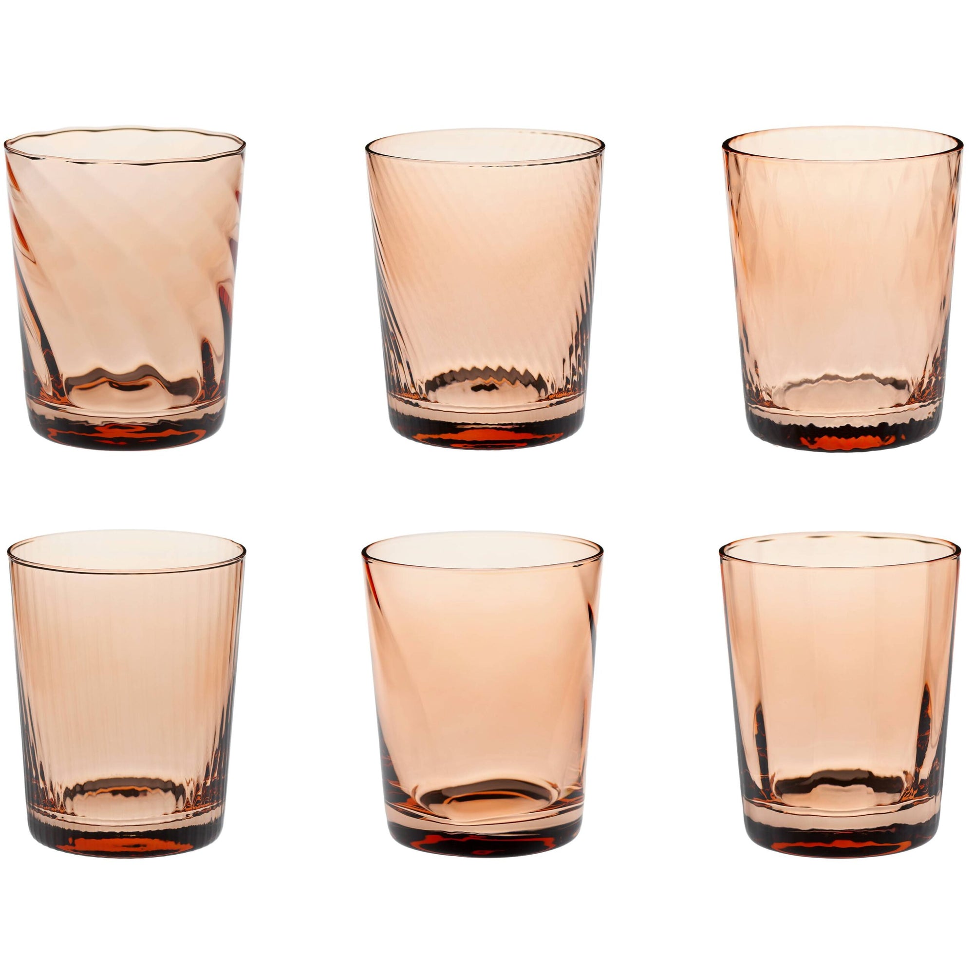 Set 6 bicchieri acqua &quot;Tribeca&quot; colore pesca, in vetro disegni assortiti. Galbiati