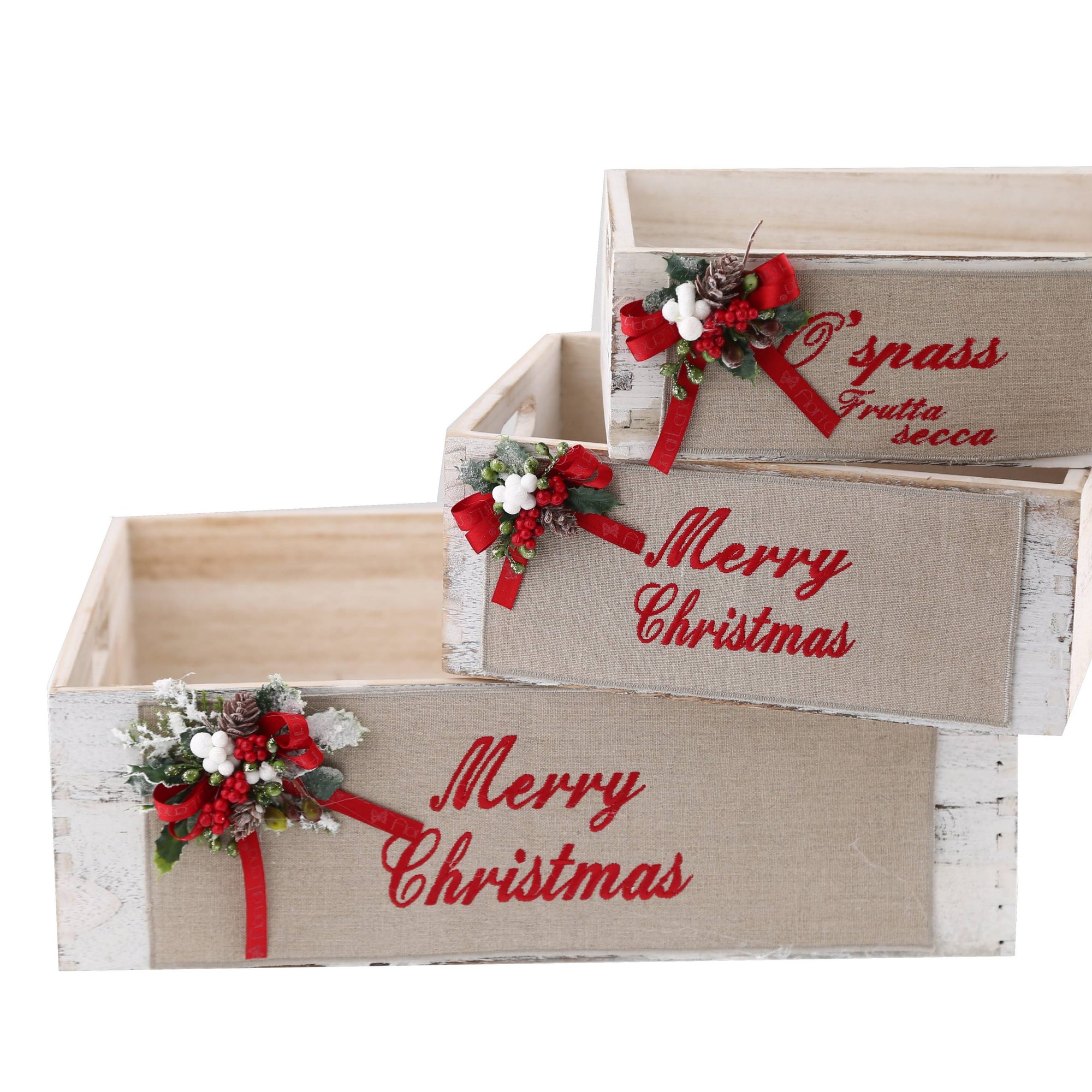 Set 3 cassette legno con scritta ricamata e decori natalizi. Fiori di Lena