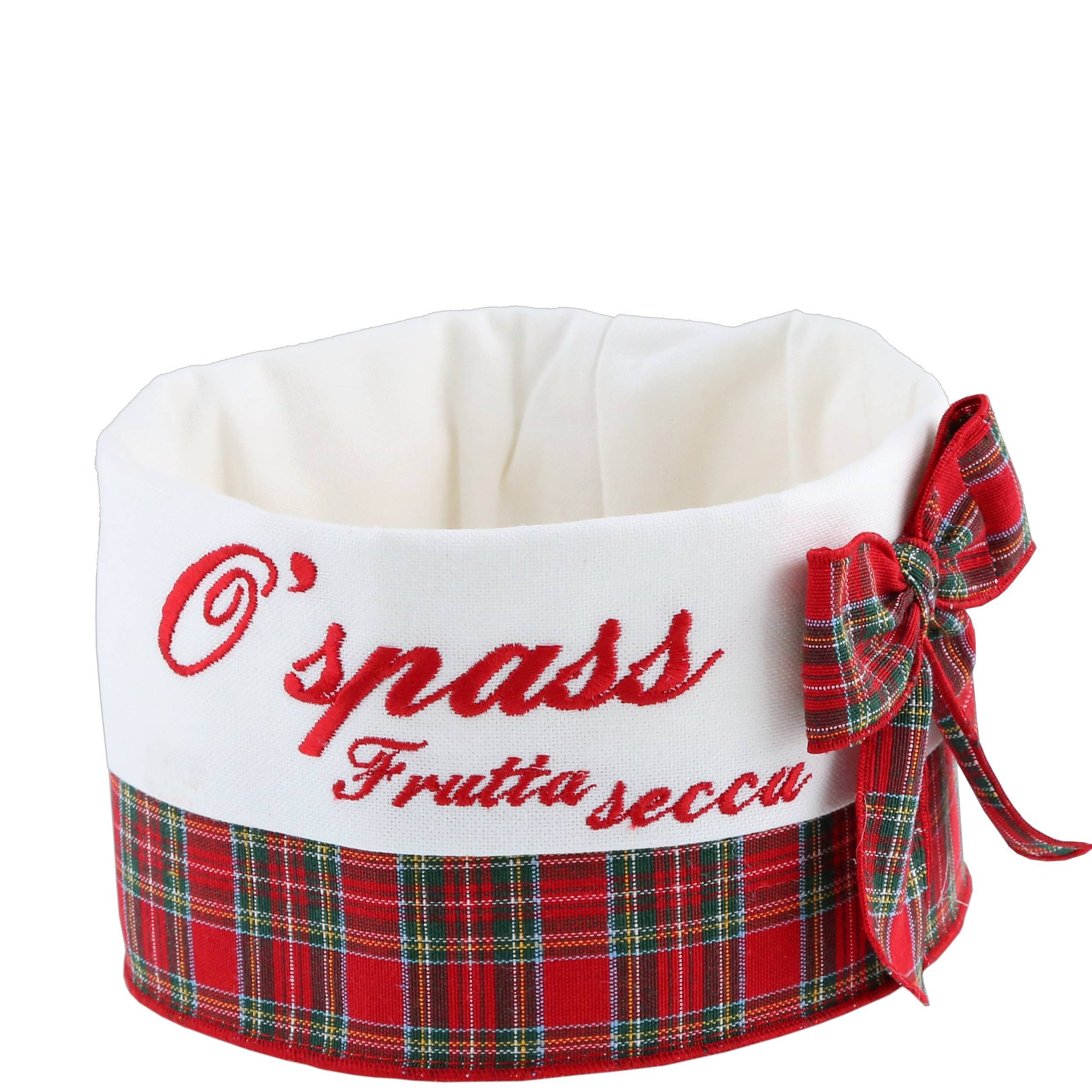 Sacchetto per frutta secca "O' spass" base tartan e bianco con ricamo e fiocco. Fiori di Lena