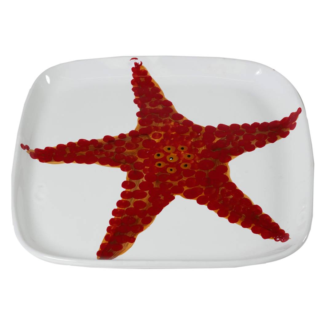 Vassoio quadrato, Linea Corallo, decoro Stella marina, in ceramica. Virginia Casa