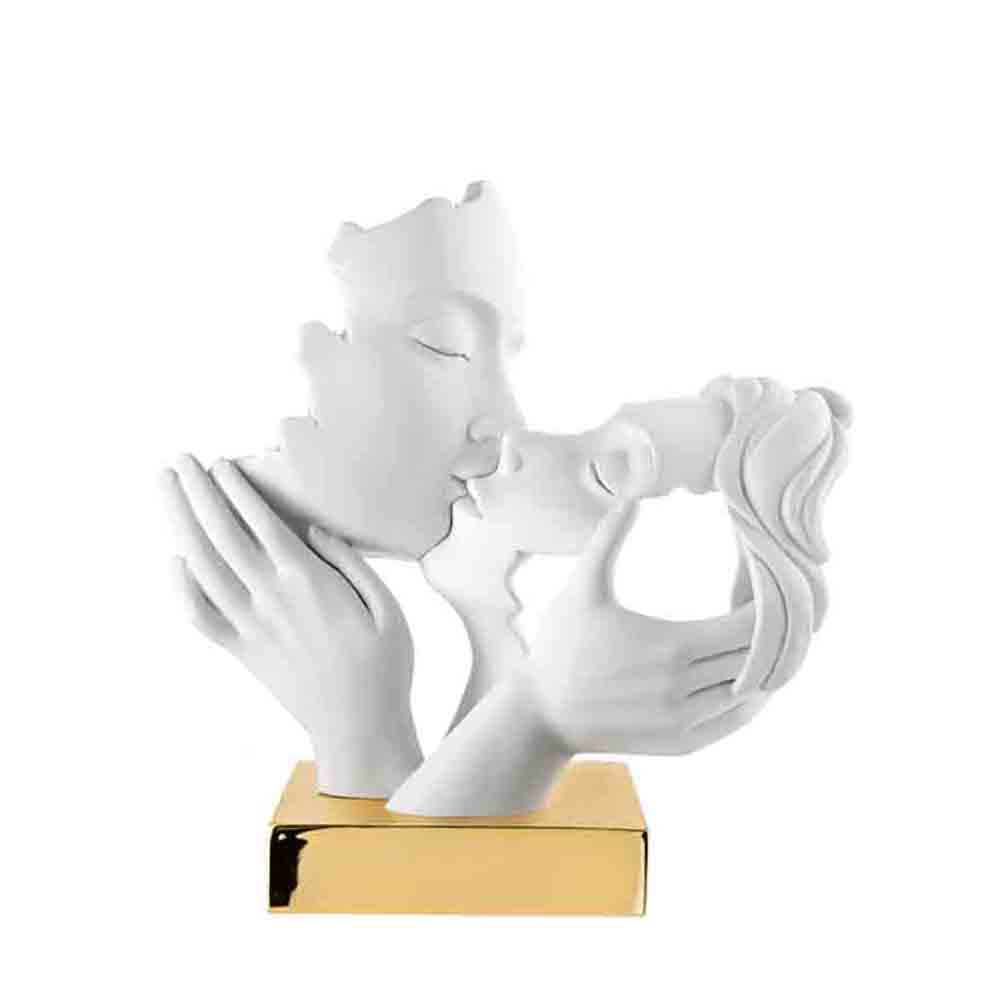 Scultura coppia mani face, 25x23cm. bianco base oro. Bongelli
