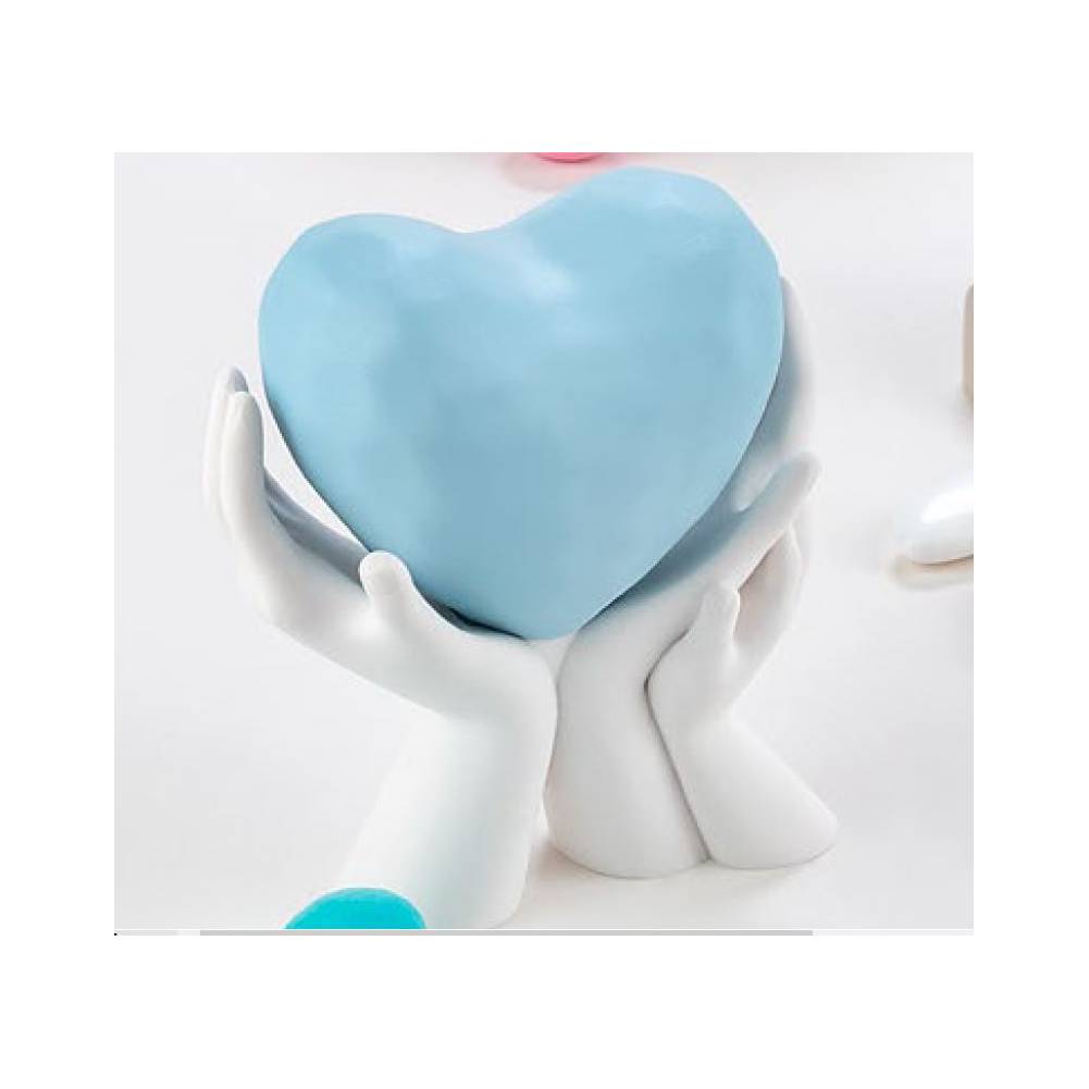 Scultura mani doppie con cuore, 10x9 cm., bianco e celeste. Bongelli