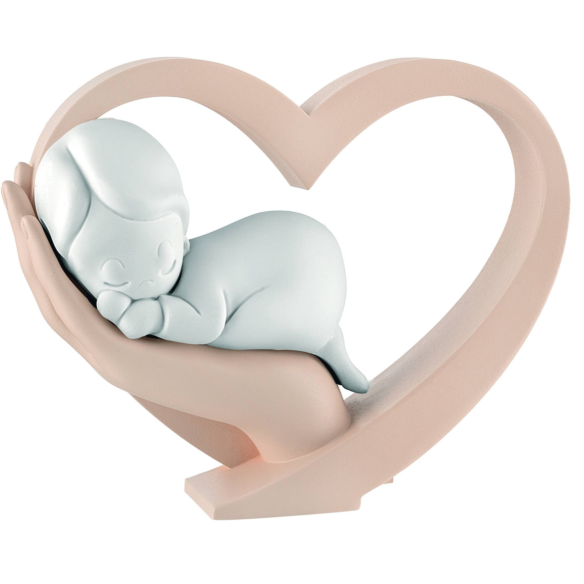 Scultura mano bimbo con cuore, 13x11 cm., bianco e rosa. Bongelli