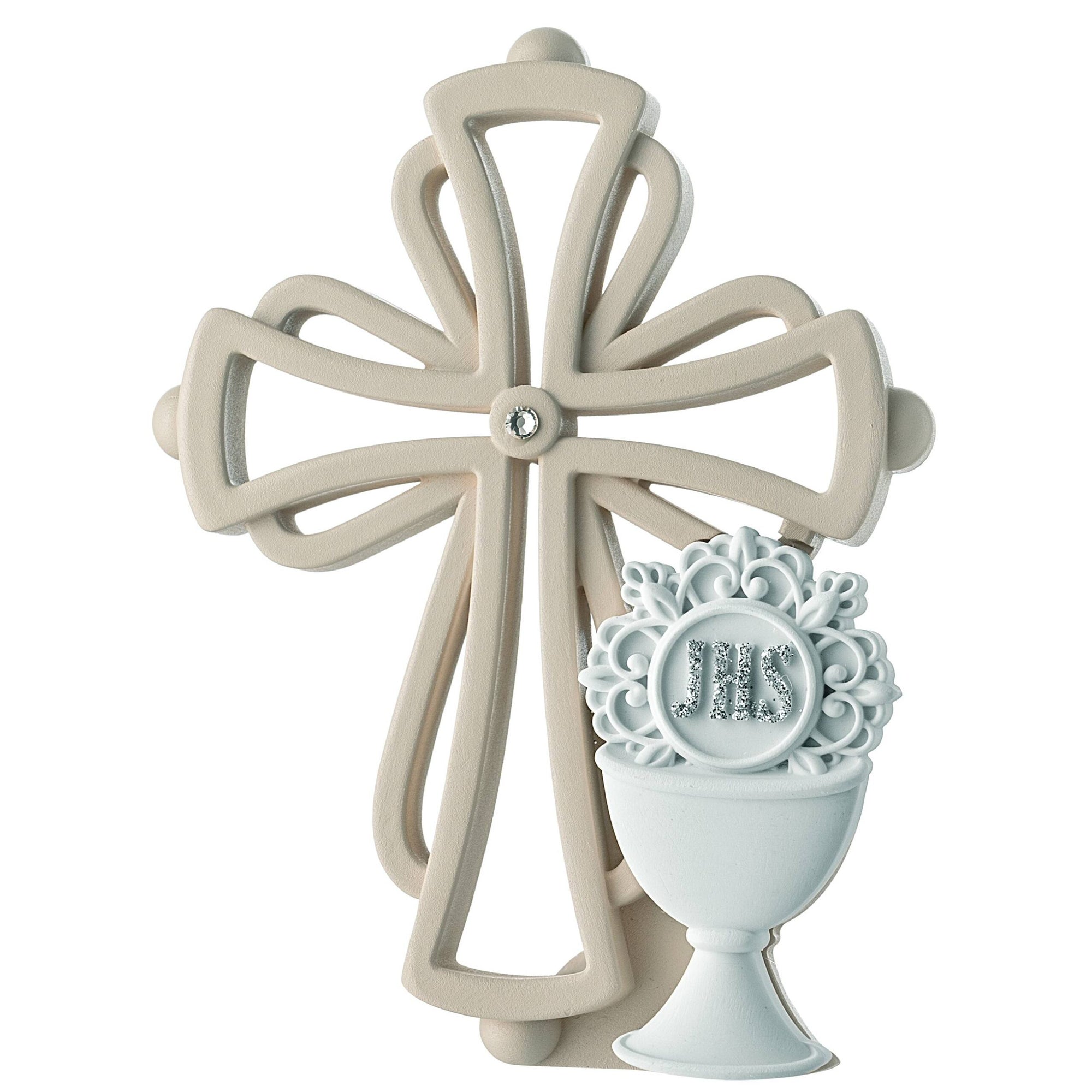 Croce con simbolo comunione, 12x10 cm., bianco e beige. Bongelli