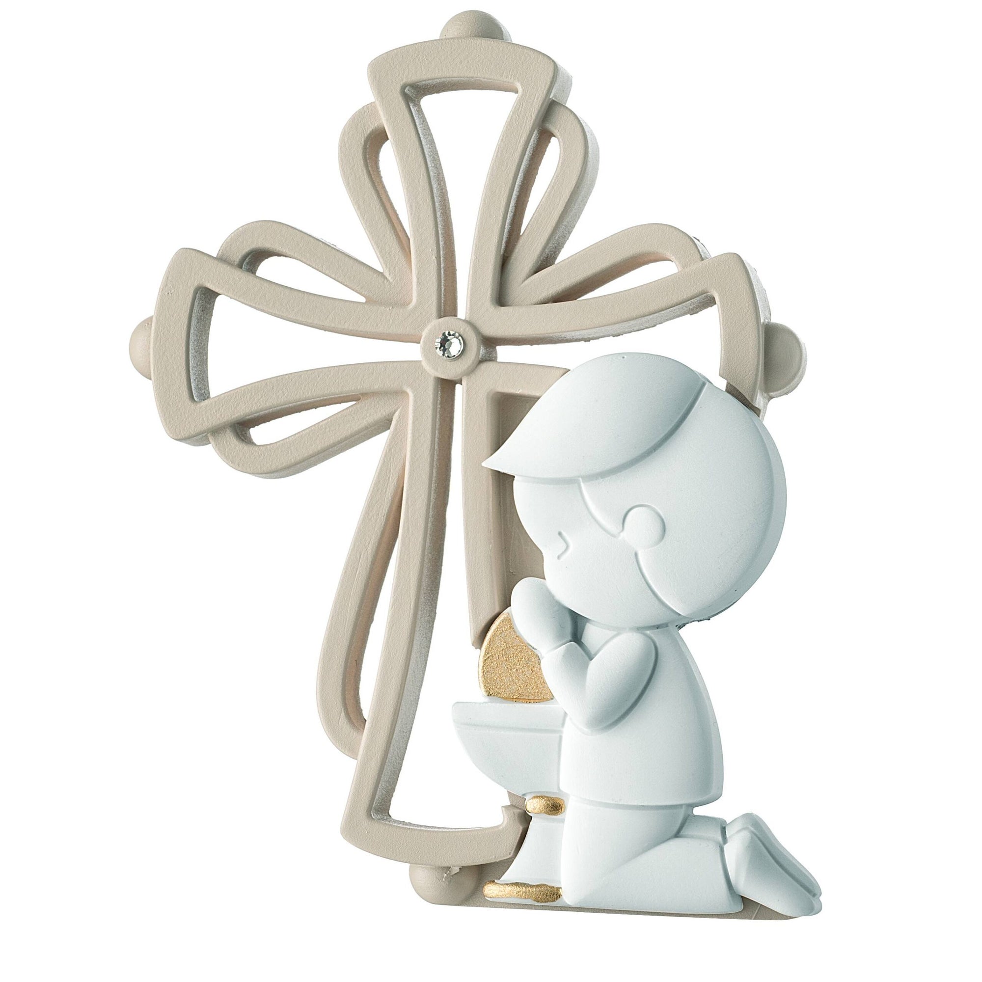 Croce con bimbo, 12x10 cm., bianco e beige. Bongelli