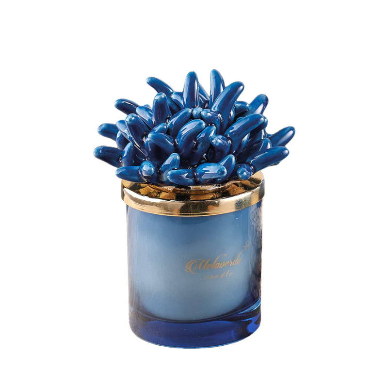Candela media con tappo Anemone di mare, colore blu, in porcellana Capodimonte. Melaverde
