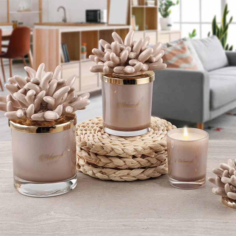 Candela piccola con tappo Anemone di mare, colore tortora, in porcellana Capodimonte. Melaverde