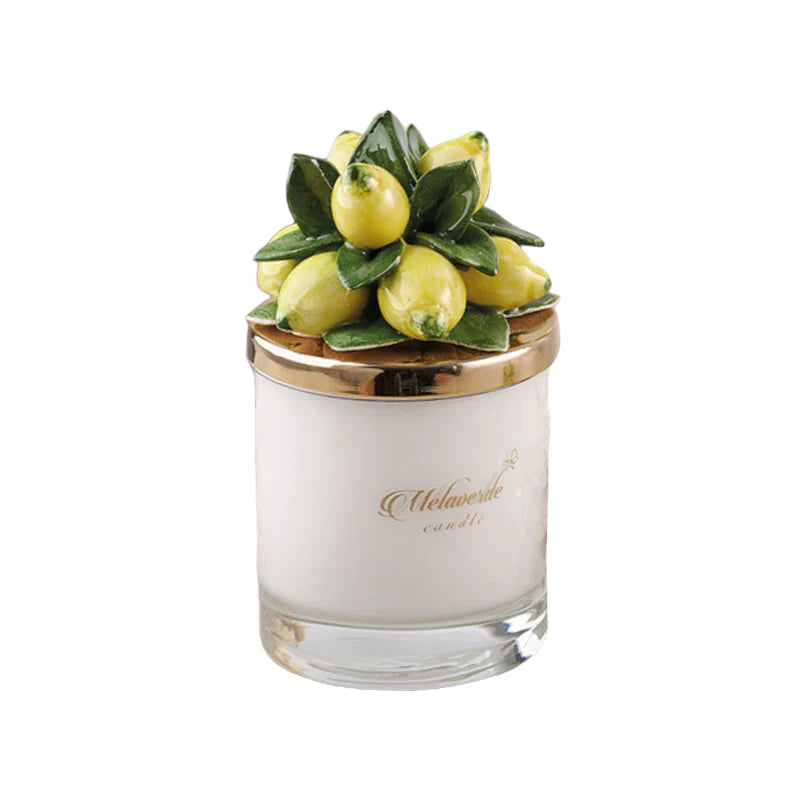 Candela piccola con tappo Limoni, colore bianco, in porcellana Capodimonte. Melaverde