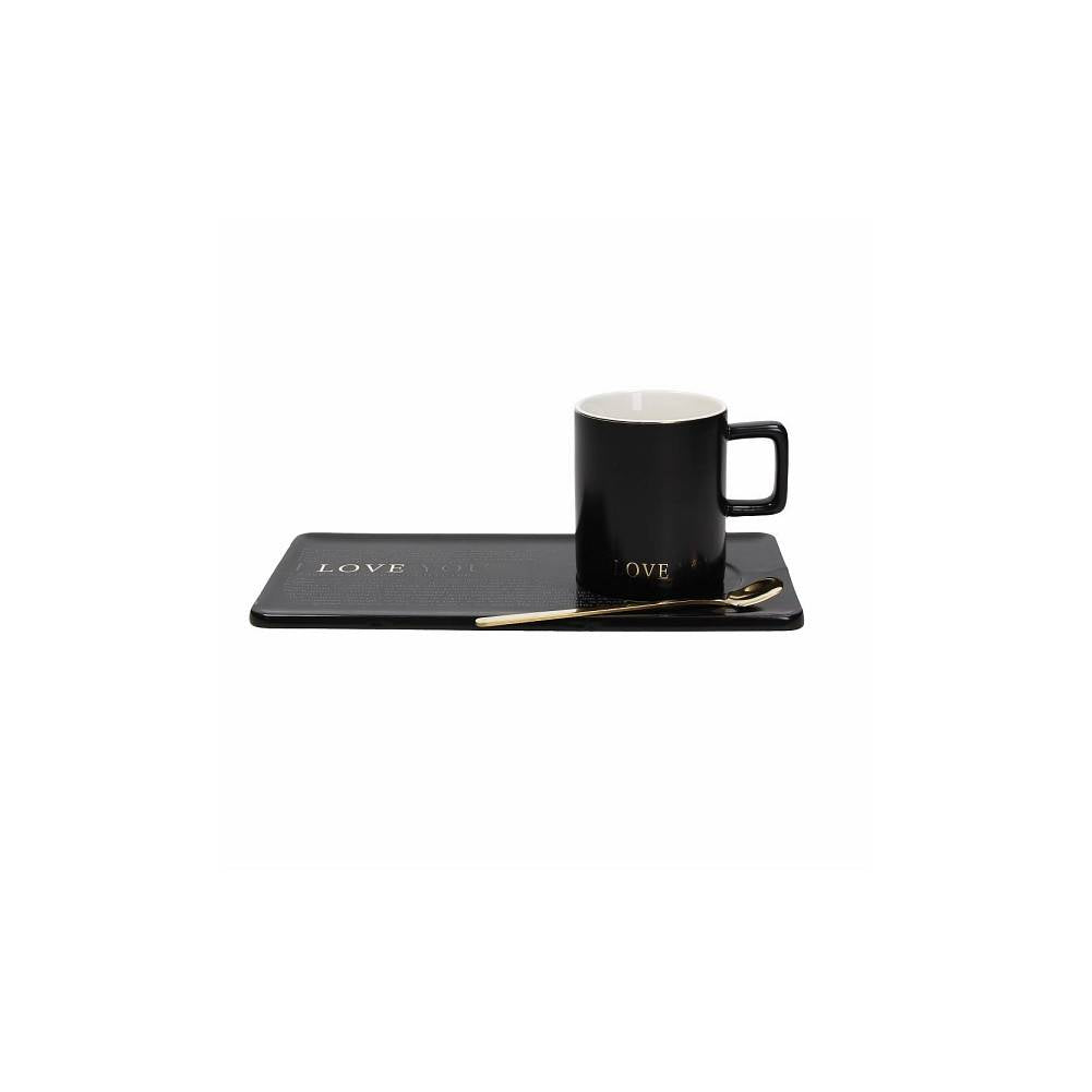 Mug con piattino LOVE nero e cucchiaino oro. Tognana Porcellane