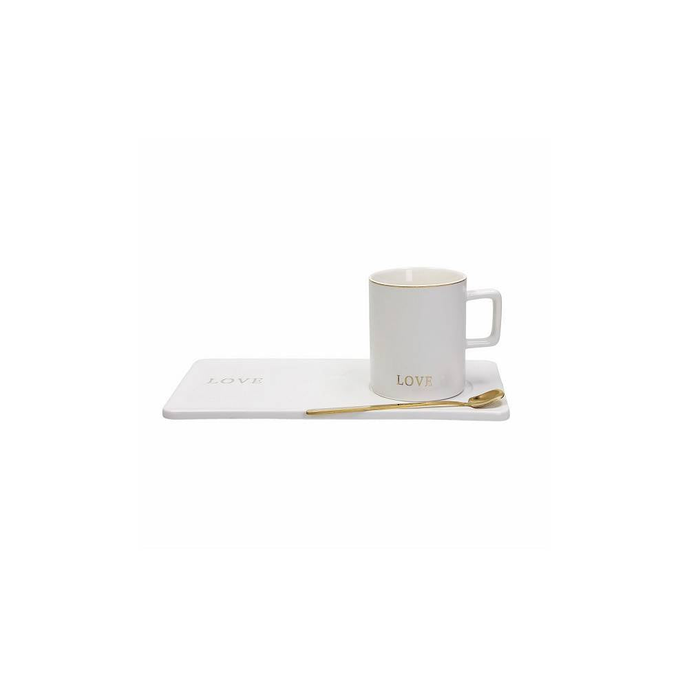 Mug con piattino LOVE bianco e cucchiaino oro. Tognana Porcellane