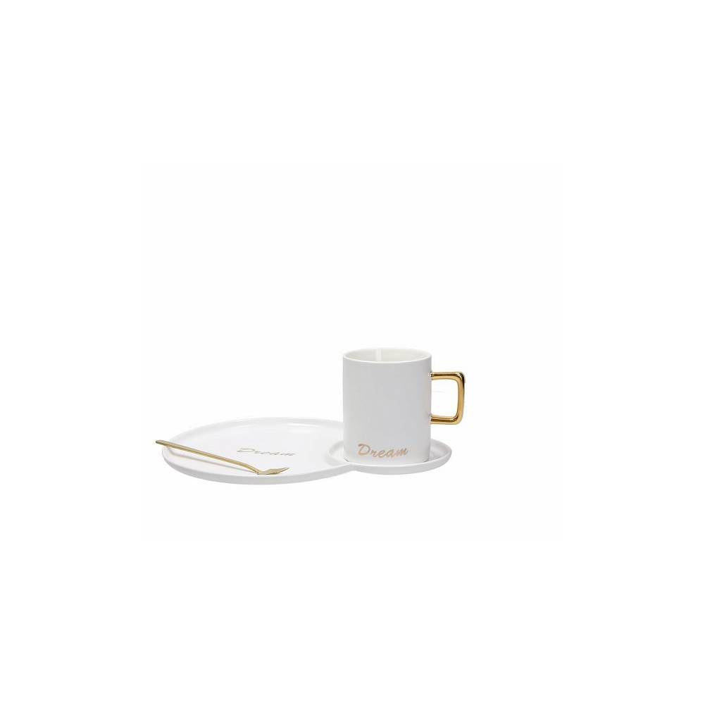 Mug con piattino DREAM bianco e cucchiaino oro. Tognana Porcellane