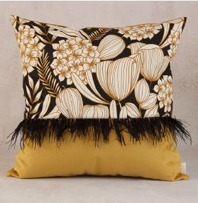 Cuscino doppio tessuto, velluto oro e fantasia bianco nero ed oro, con piume, 50x50. Fiori di Lena