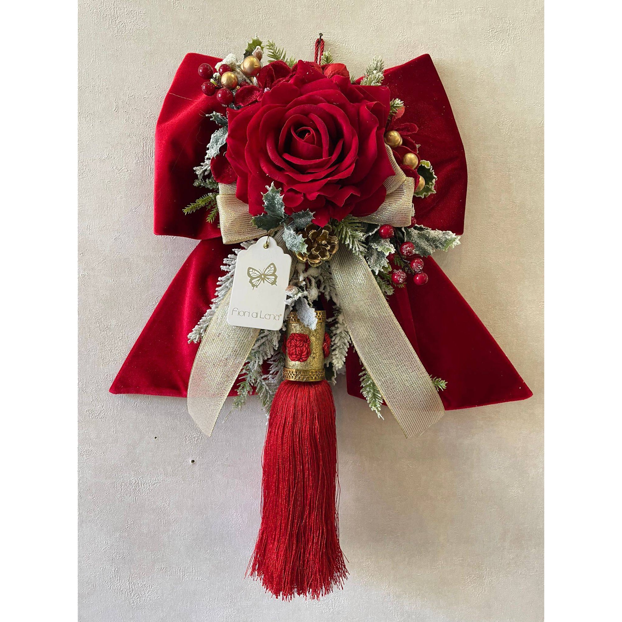 Fiocco Velluto rosso, con decoro natalizio, rosa e nappa. FIORI DI LENA
