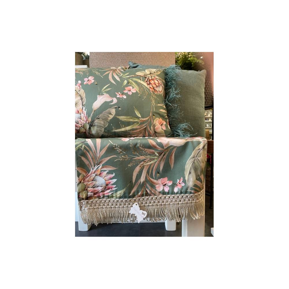 Runner con fantasia jungle fondo verde e passamaneria beige, 37x140 cm. Fiori di Lena