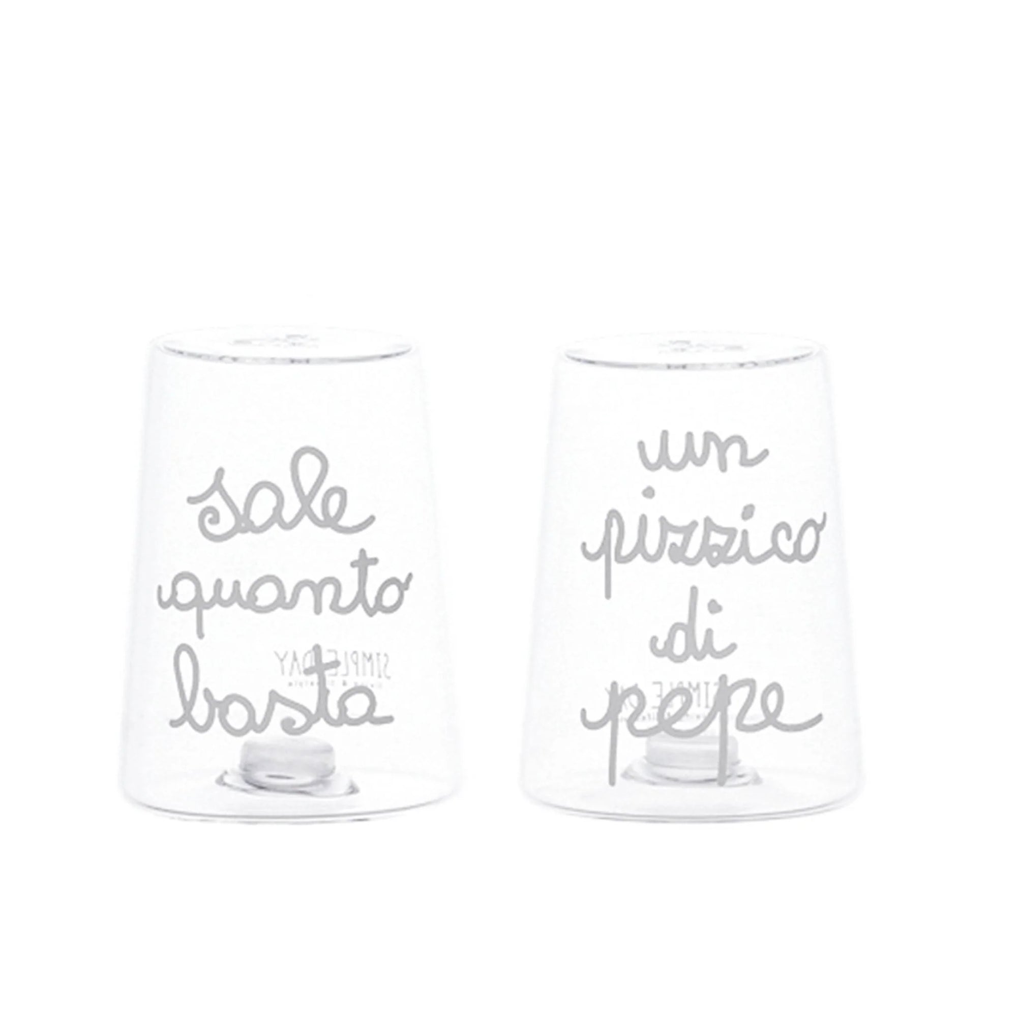 Set sale e pepe in vetro borosilicato decoro &quot;Sale quanto basta&quot; e &quot;Un pizzico di Pepe&quot; trasparente con scritta in bianco. Simple day