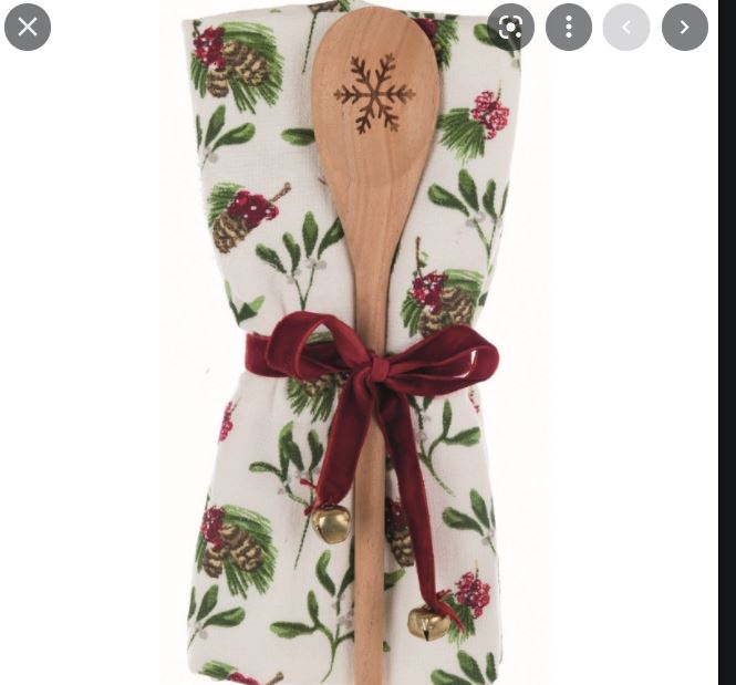 Set canovaccio disegno bacche e pigne e mestolo legno, linea Tartan. Blanc Mariclò