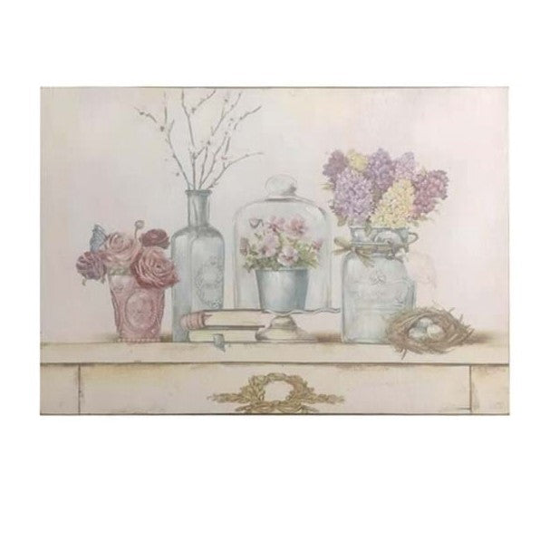 Quadro con vasi e fiori, rose e giacinti, su comò, misura 51 X 3 X 35 cm., senza cornice. Blanc Mariclò