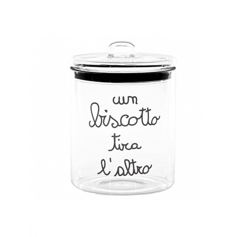 Biscottiera in vetro borosilicato decoro "Un biscotto tira l'altro" trasparente con scritta in nero. Simple day