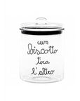 Biscottiera in vetro borosilicato decoro "Un biscotto tira l'altro" trasparente con scritta in nero. Simple day