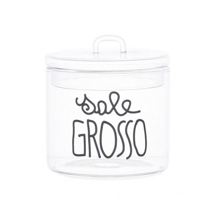 Barattolo in vetro borosilicato decoro "Sale grosso" trasparente con scritta in corsivo nero. Simple day