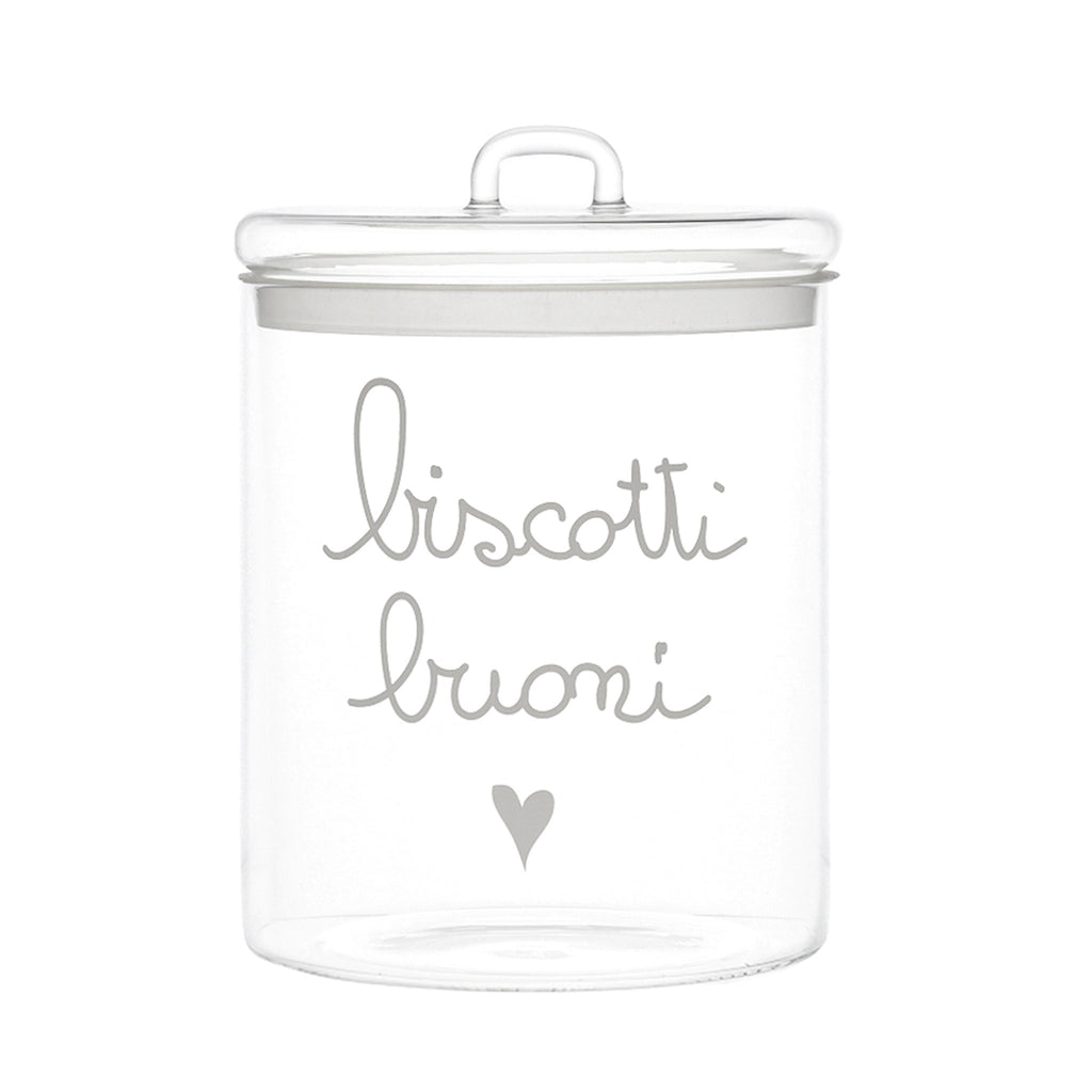 Barattolo in vetro borosilicato decoro "Biscotti buoni" trasparente con scritta in bianco. Simple day
