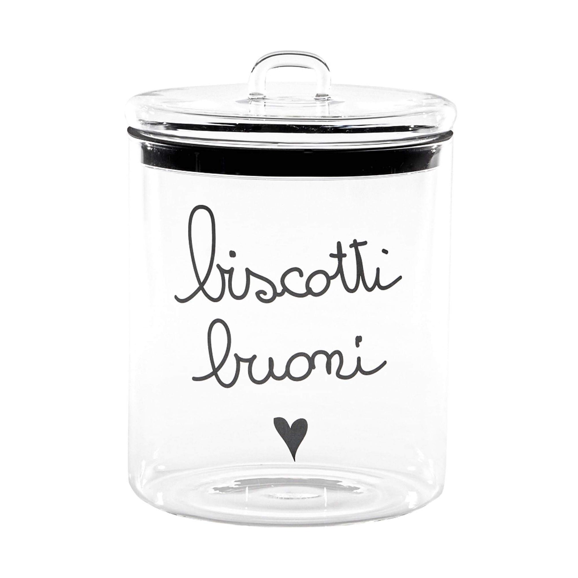 Barattolo in vetro borosilicato decoro "Biscotti buoni" trasparente con scritta in nero. Simple day