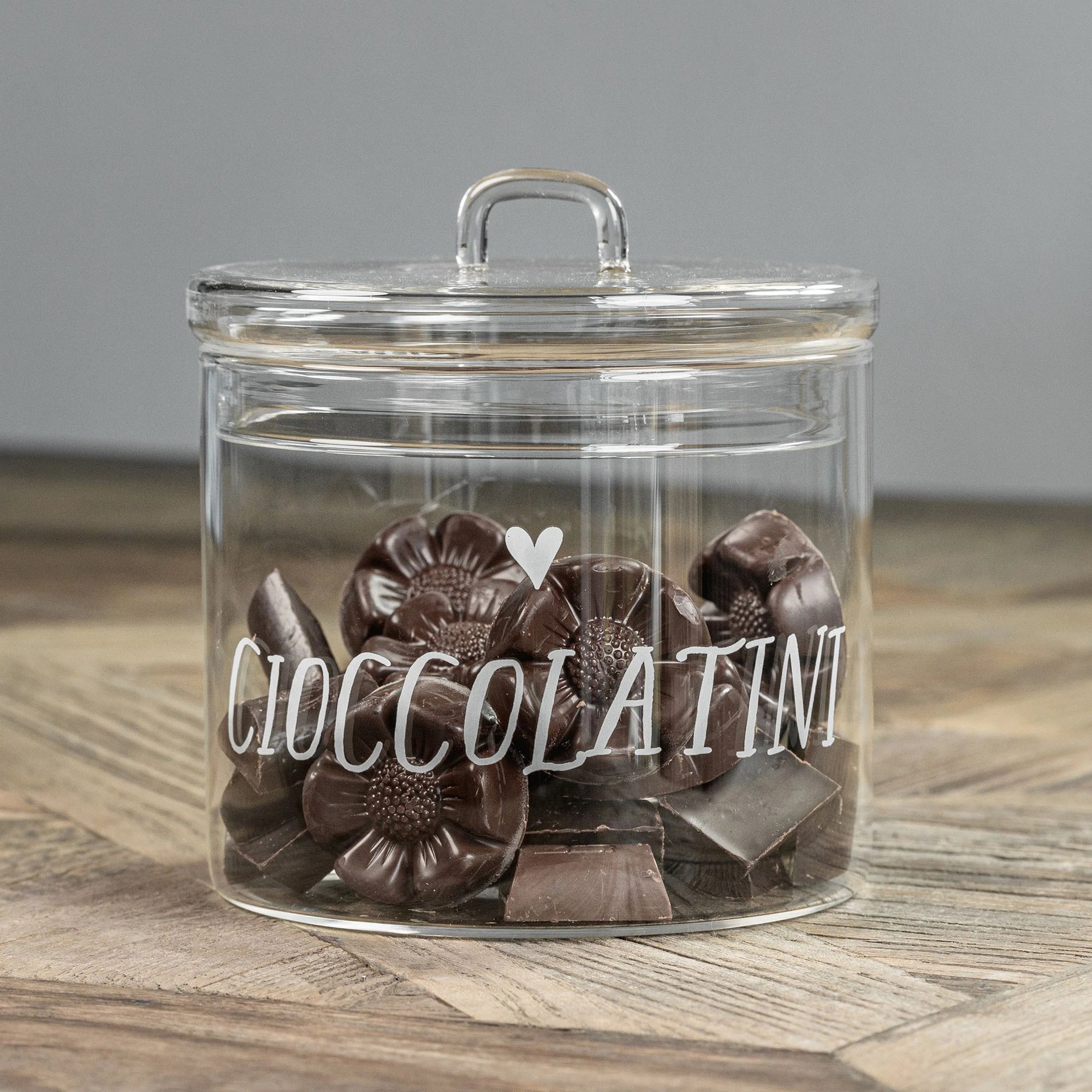 Barattolo in vetro borosilicato decoro "Cioccolatini" trasparente con scritta in bianco. Simple day