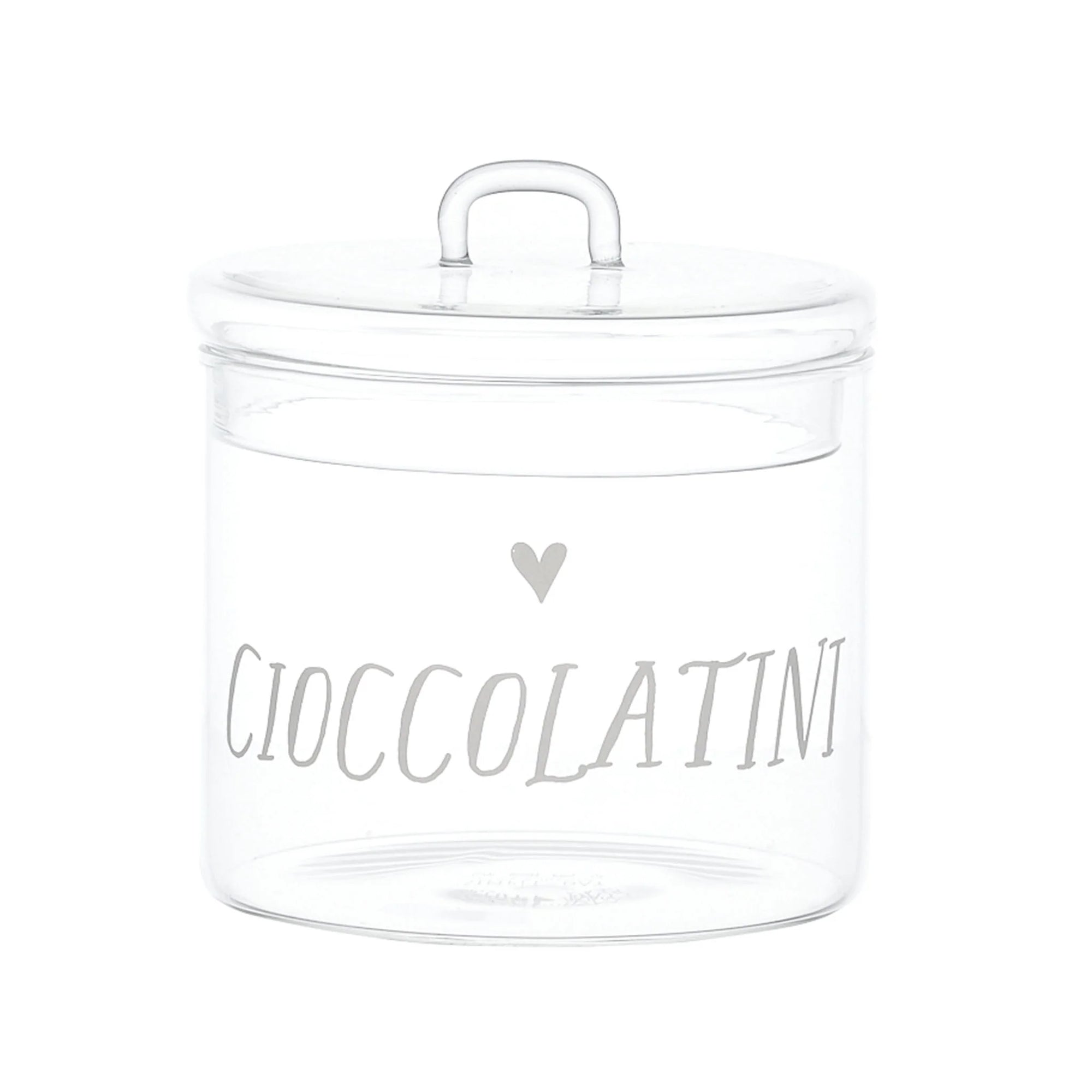 Barattolo in vetro borosilicato decoro "Cioccolatini" trasparente con scritta in bianco. Simple day
