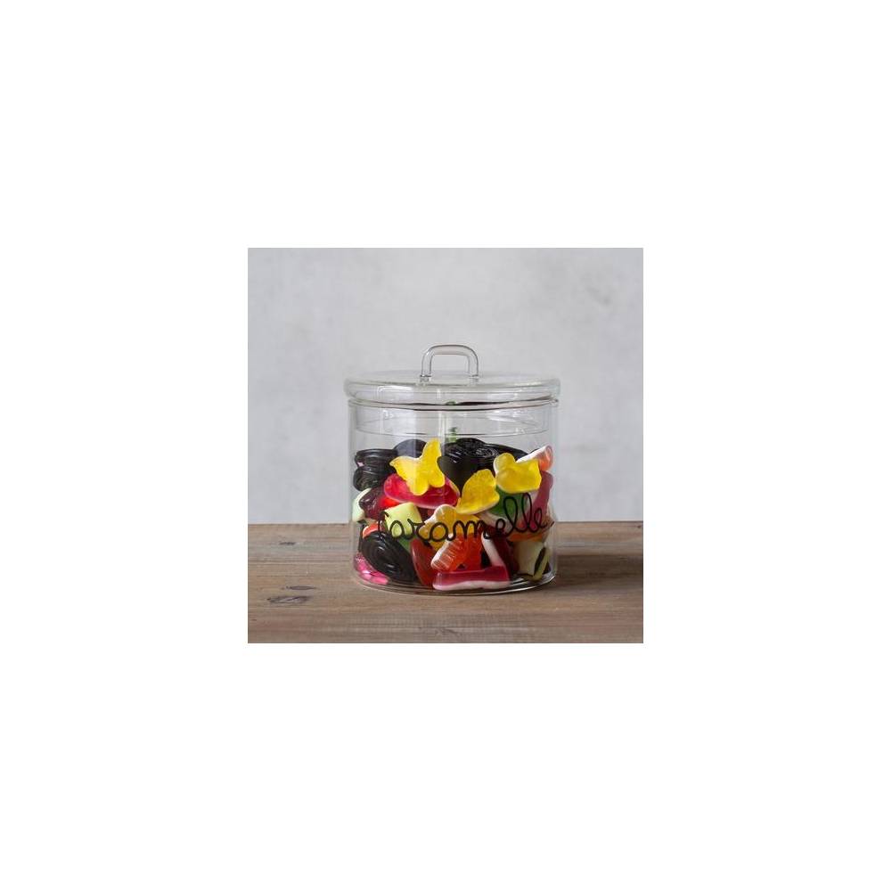 Barattolo in vetro borosilicato decoro "Caramelle" trasparente con scritta in nero. Simple day