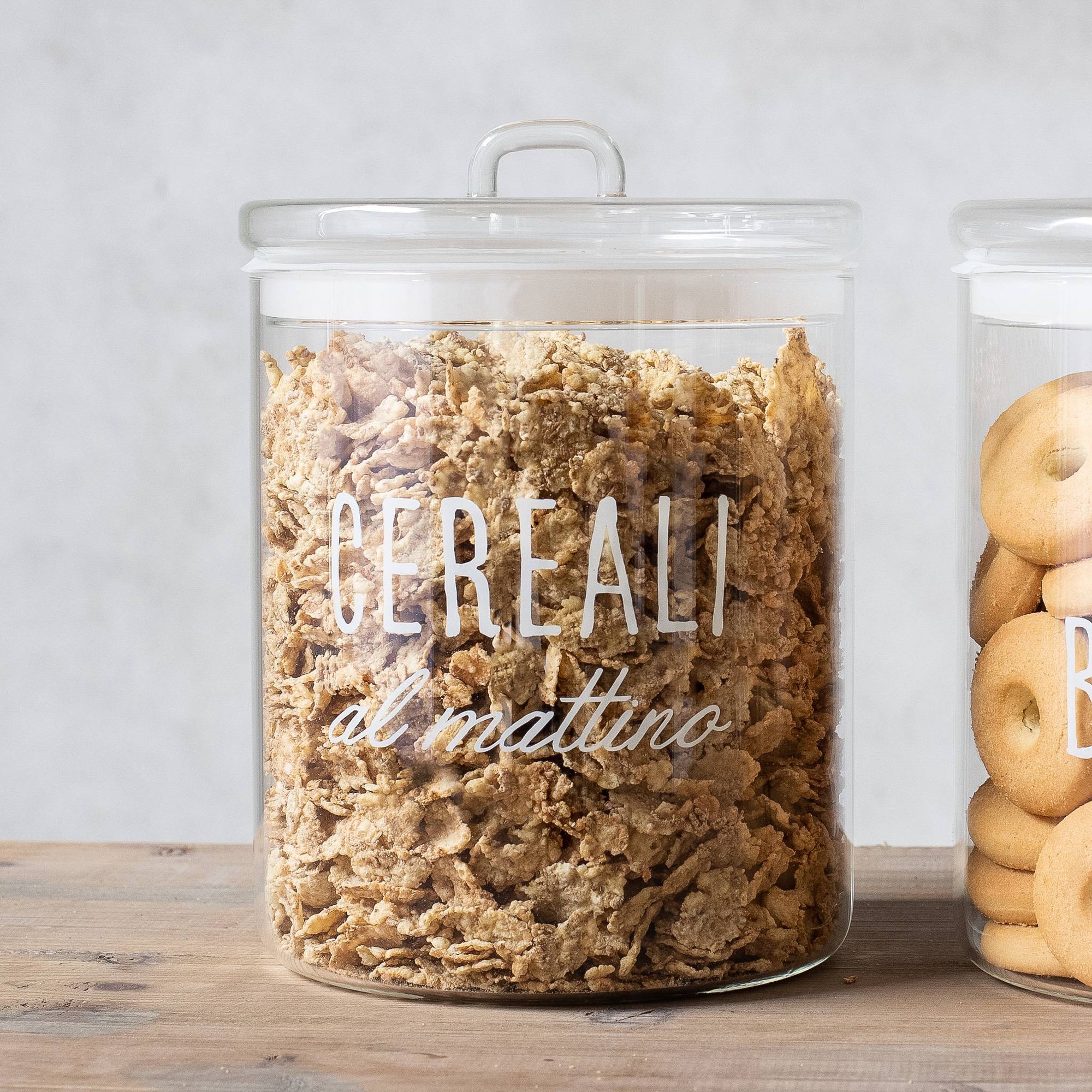 Barattolo in vetro borosilicato decoro "Cereali al mattino" trasparente con scritta in bianco. Simple day