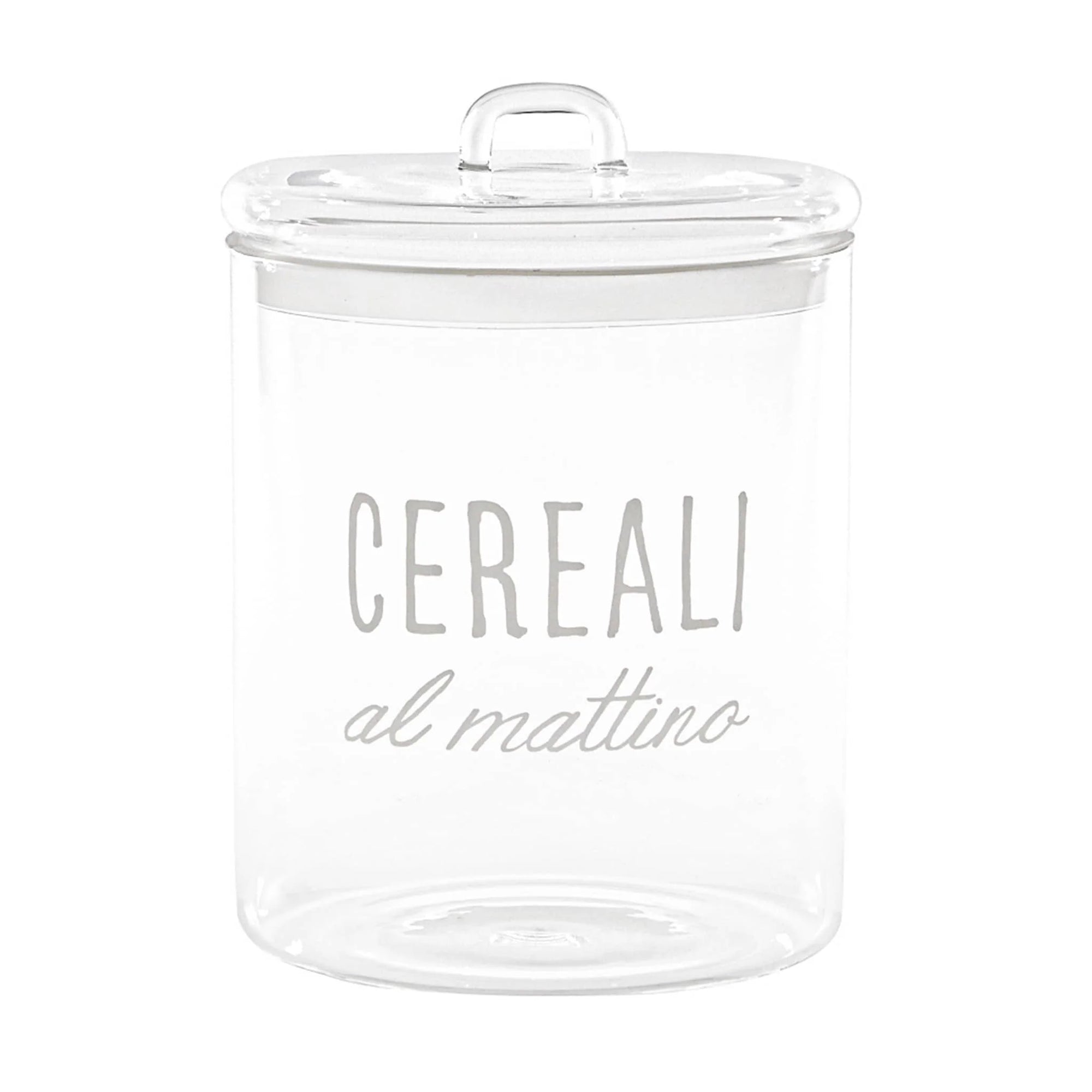 Barattolo in vetro borosilicato decoro "Cereali al mattino" trasparente con scritta in bianco. Simple day