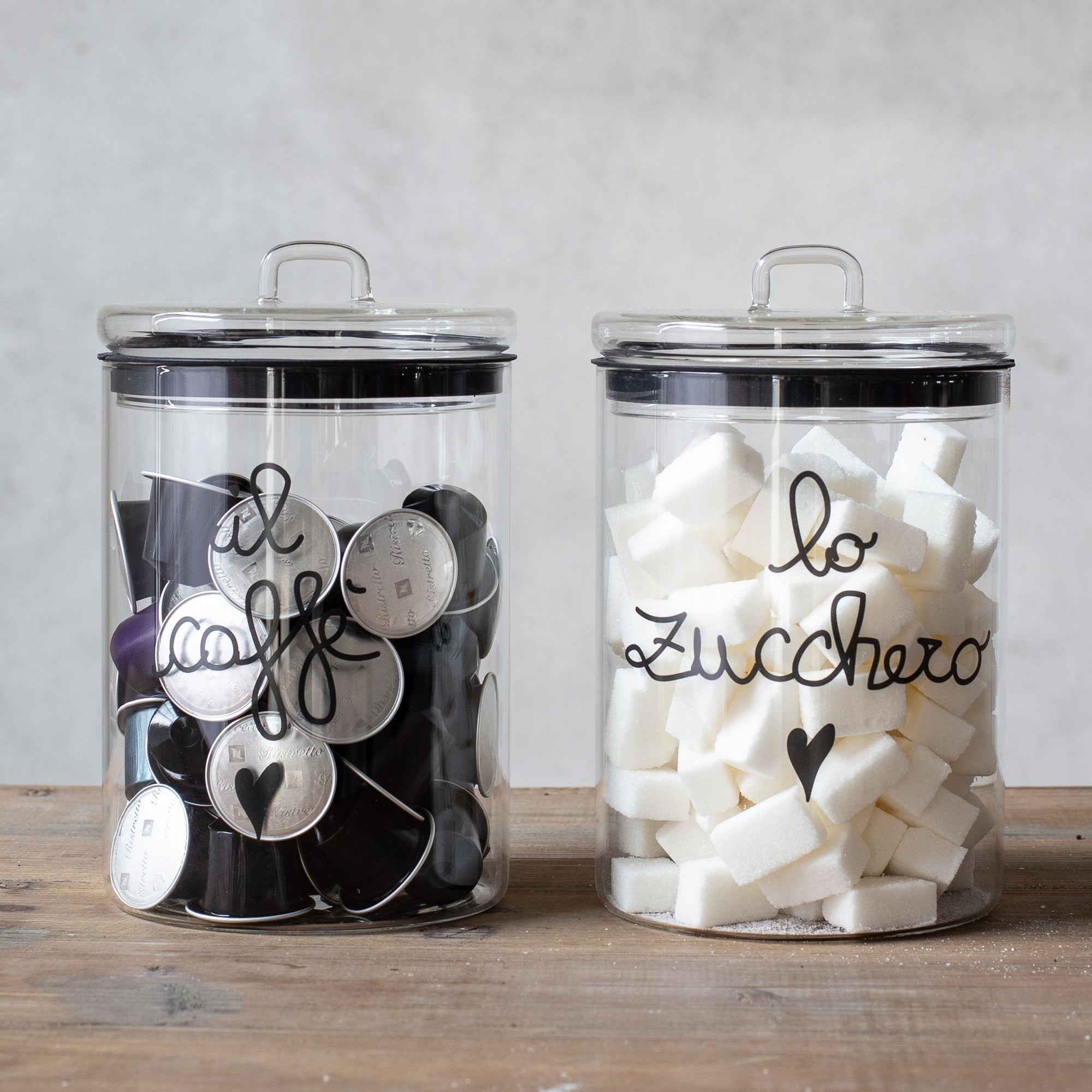 Barattolo in vetro borosilicato decoro "Lo zucchero" trasparente con scritta in nero. Simple day