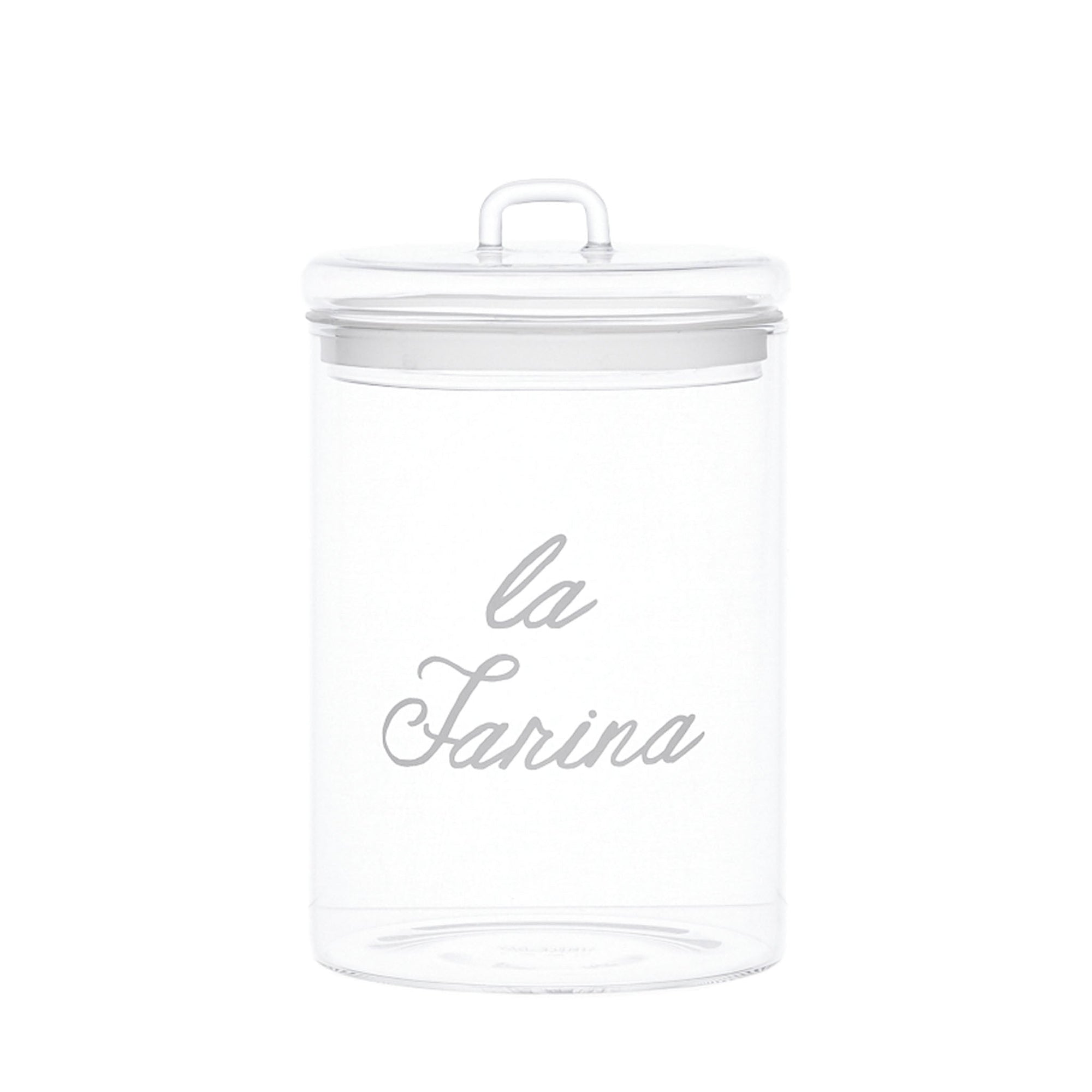 Barattolo in vetro borosilicato decoro "La farina" trasparente con scritta in bianco. Simple day