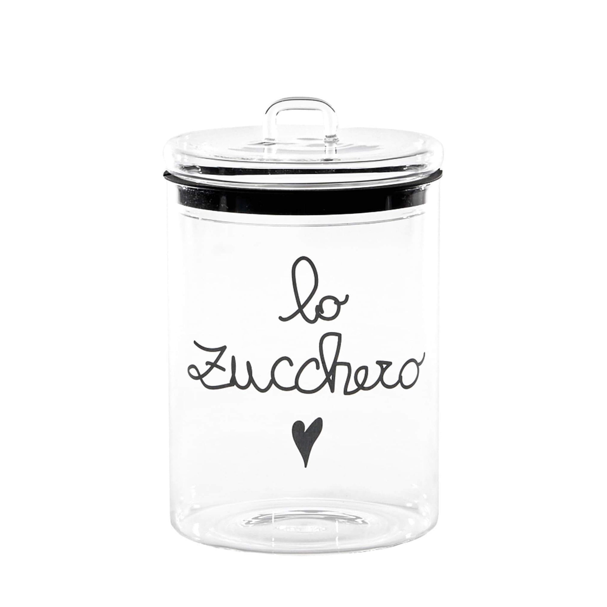 Barattolo in vetro borosilicato decoro "Lo zucchero" trasparente con scritta in nero. Simple day