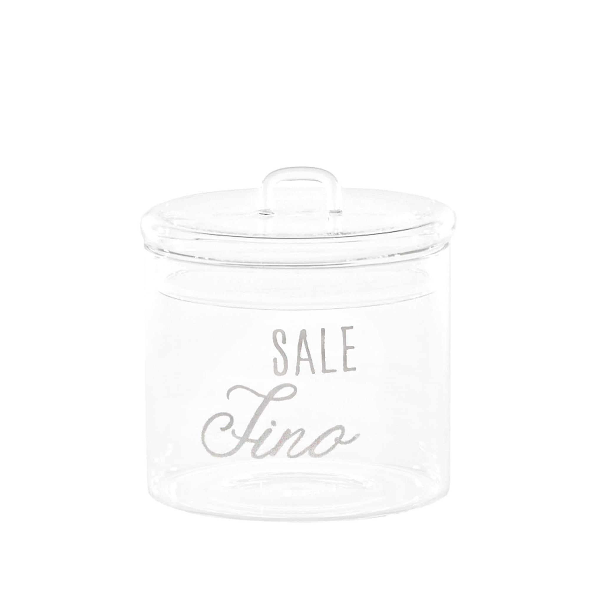 Barattolo in vetro borosilicato decoro "Sale fino" trasparente con scritta in bianco. Simple day