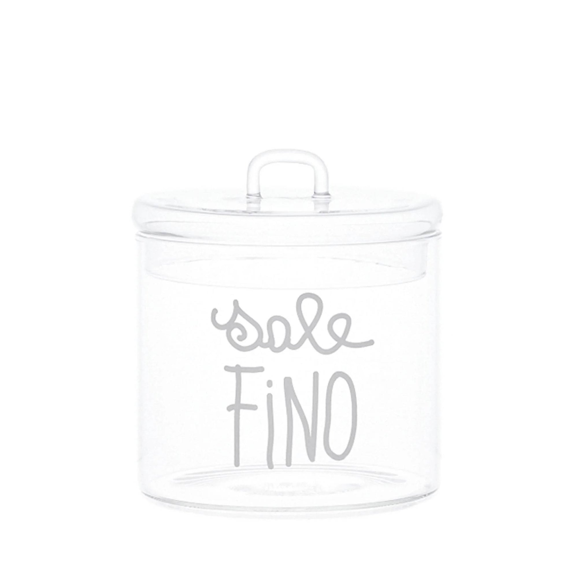 Barattolo in vetro borosilicato decoro "Sale fino" trasparente con scritta in corsivo bianco. Simple day