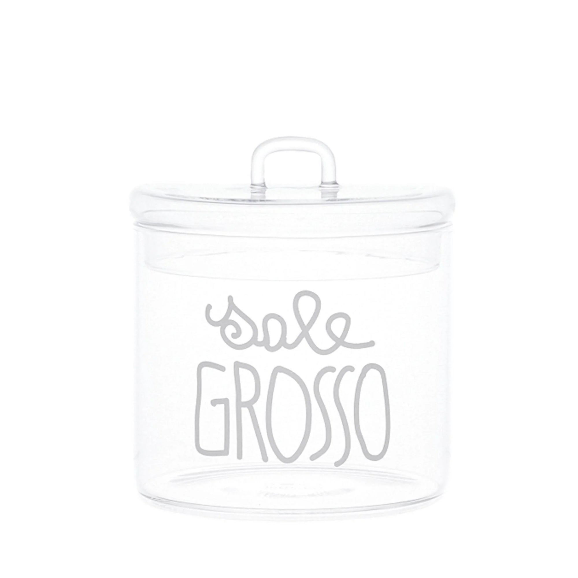 Barattolo in vetro borosilicato decoro "Sale grosso" trasparente con scritta in corsivo bianco. Simple day