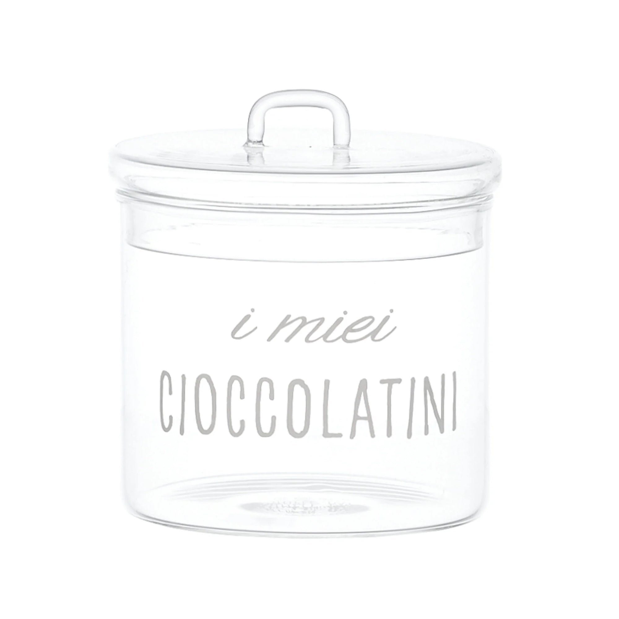 Barattolo in vetro borosilicato decoro "I miei Cioccolatini" trasparente con scritta in bianco. Simple day