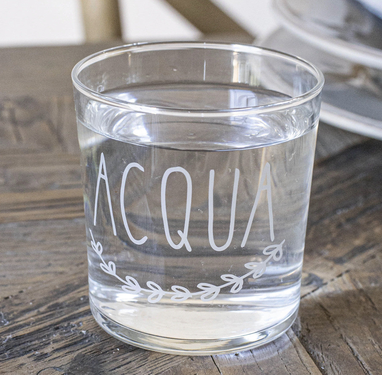 Set 6 bicchieri acqua decoro "Acqua", trasparente con scritta in bianco. Simple day