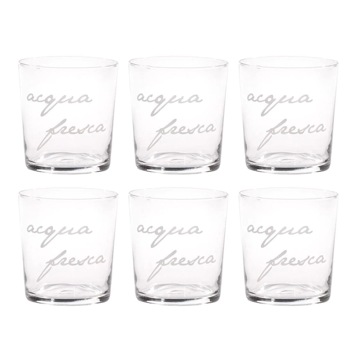 Set 6 bicchieri acqua decoro "Acqua fresca", trasparente con scritta in bianco. Simple day