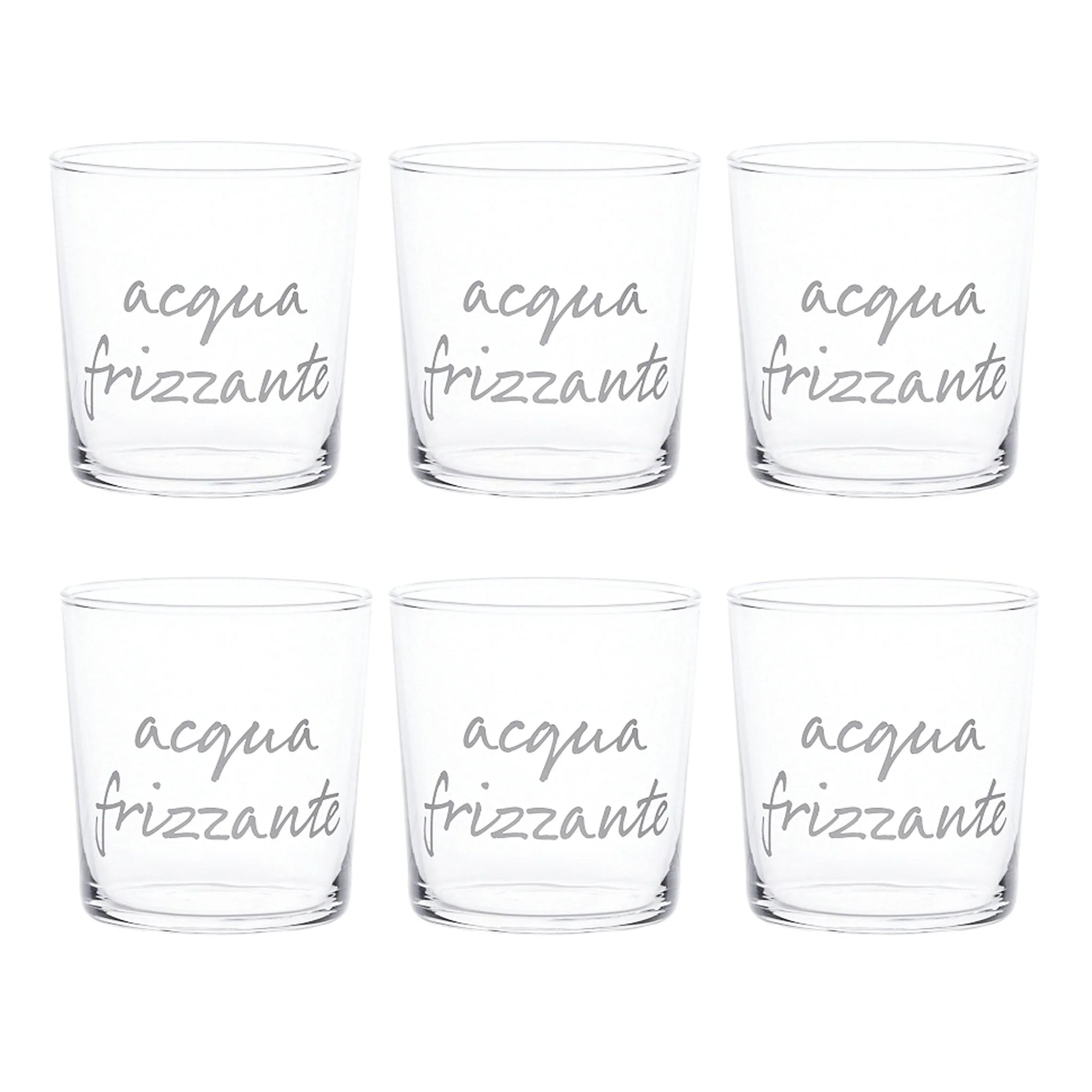 Set 6 bicchieri acqua &quot;Acqua frizzante&quot;, trasparente con scritta in bianco. Simple day