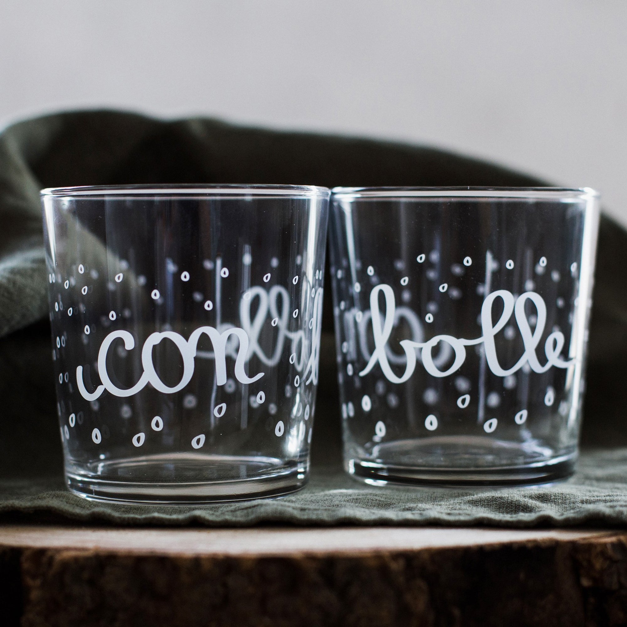 Set 6 bicchieri acqua decoro "Con bolle", trasparente con scritta in bianco. Simple day