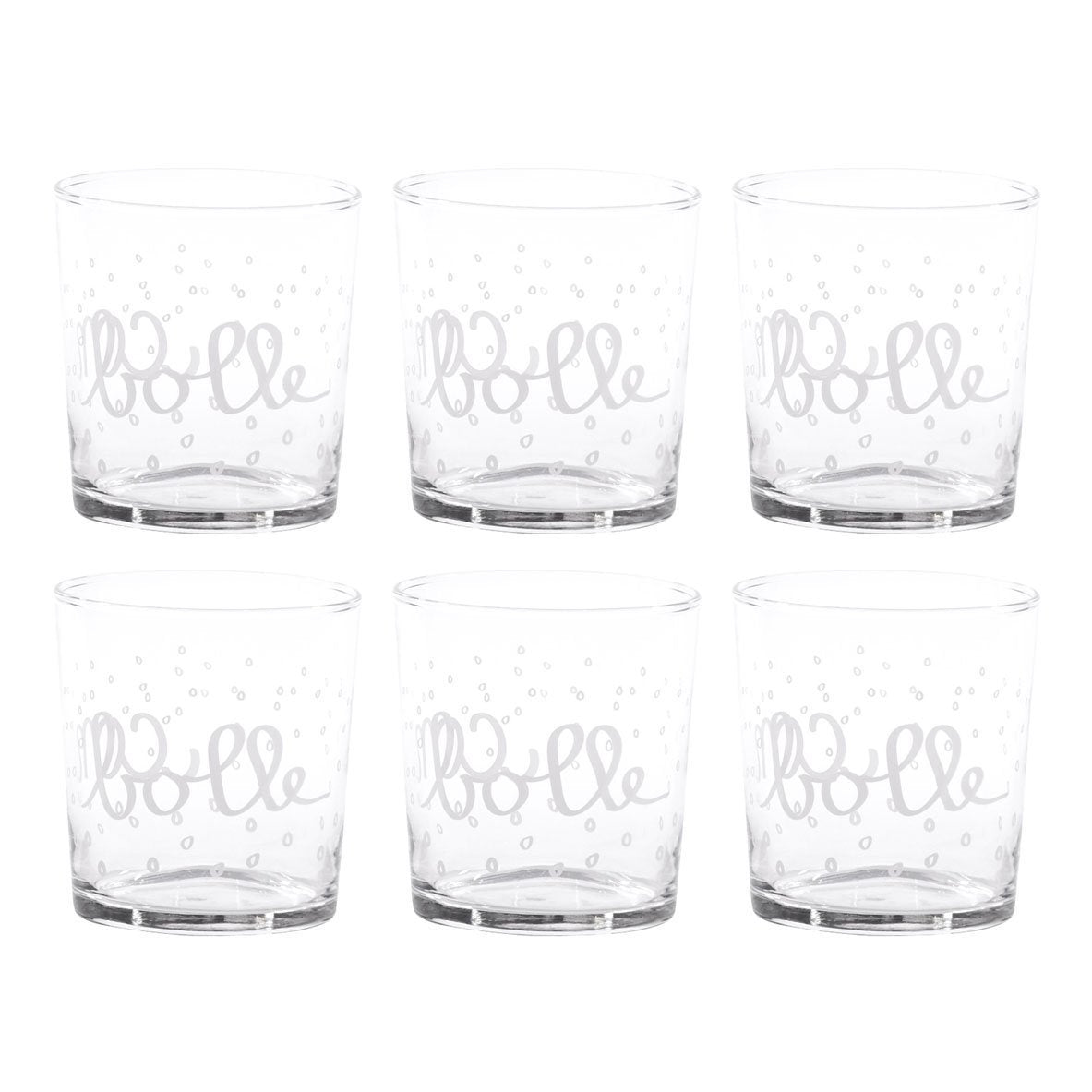Set 6 bicchieri acqua decoro "Senza bolle", trasparente con scritta in bianco. Simple day