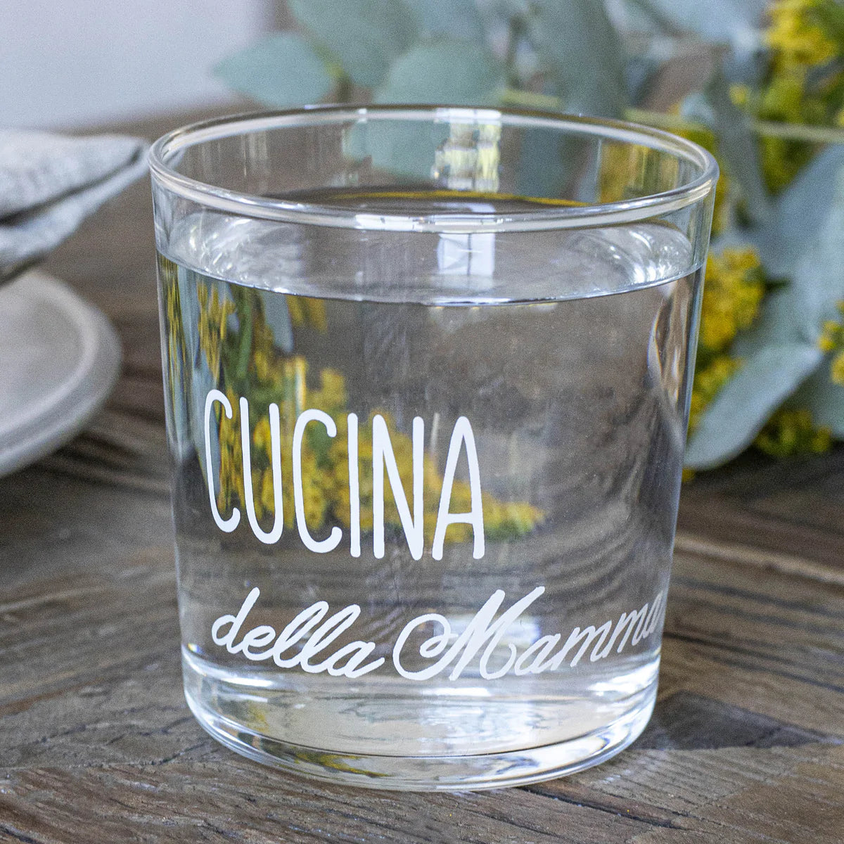 Set 6 bicchieri acqua decoro &quot;Cucina della mamma&quot;, trasparente con scritta in bianco. Simple day