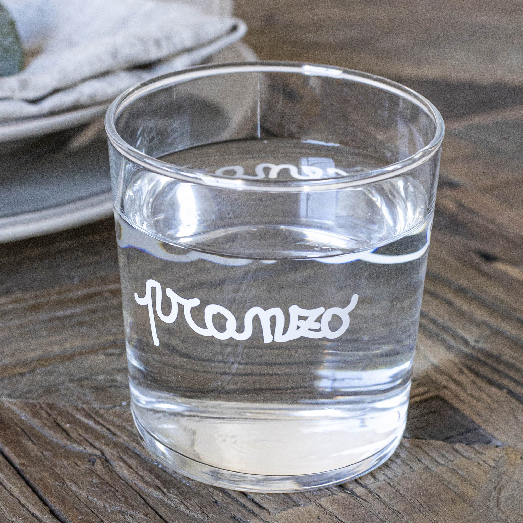 Set 6 bicchieri acqua decoro "Pranzo e cena", trasparente con scritta in bianco. Simple day