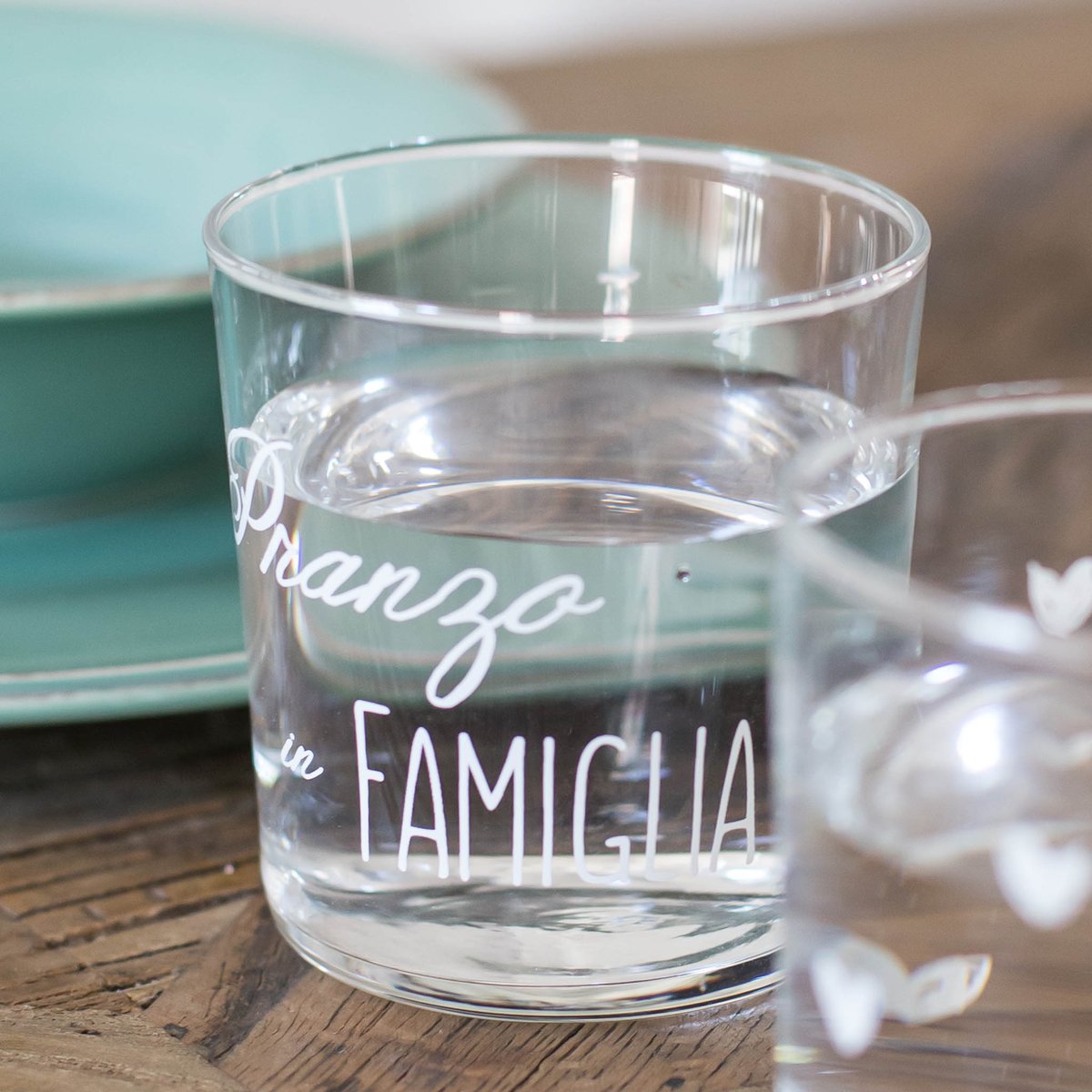 Set 6 bicchieri acqua decoro "Pranzo in famiglia", trasparente con scritta in bianco. Simple day