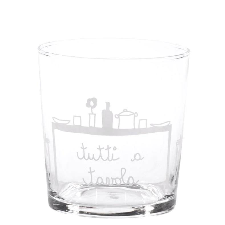 Set 6 bicchieri acqua decoro "Tutti a tavola", trasparente con scritta in bianco. Simple day