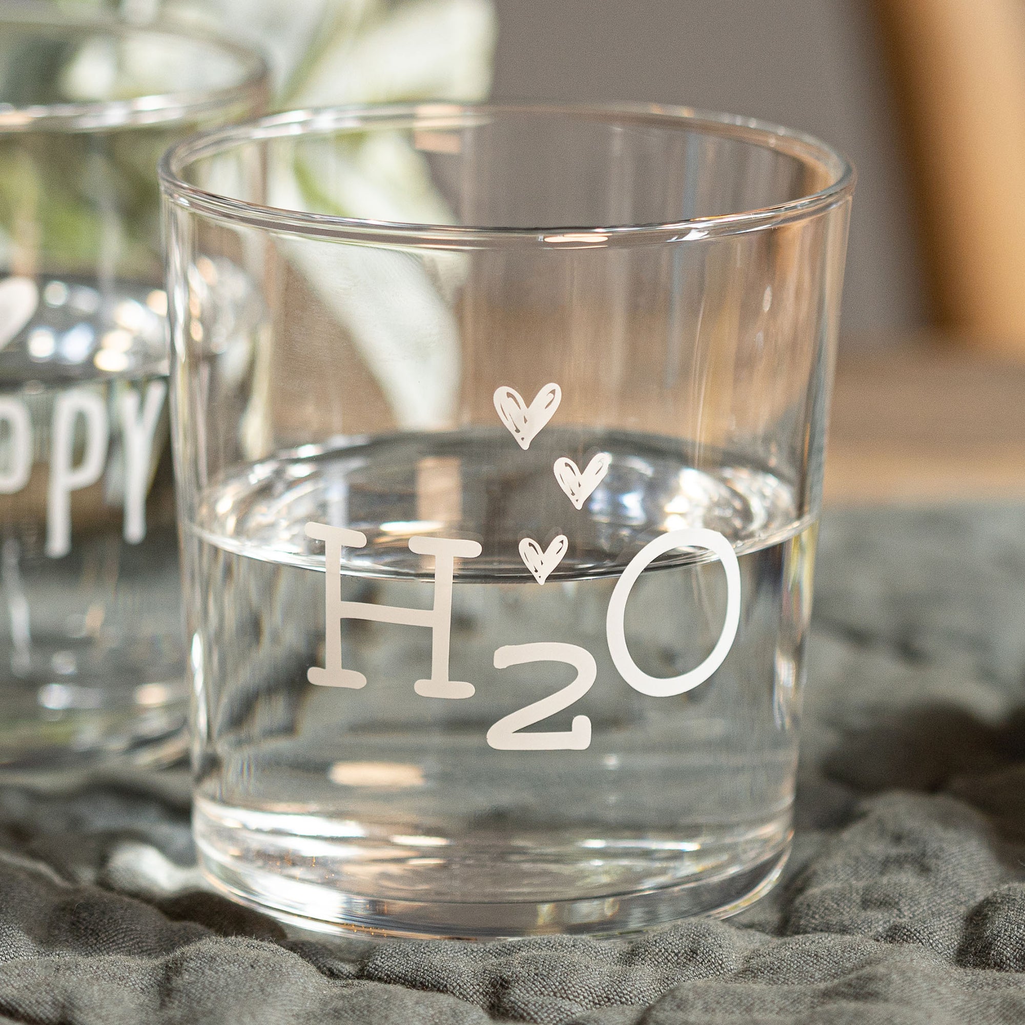 Set 6 bicchieri acqua decoro &quot;H2O&quot;, trasparente con scritta in bianco. Simple day