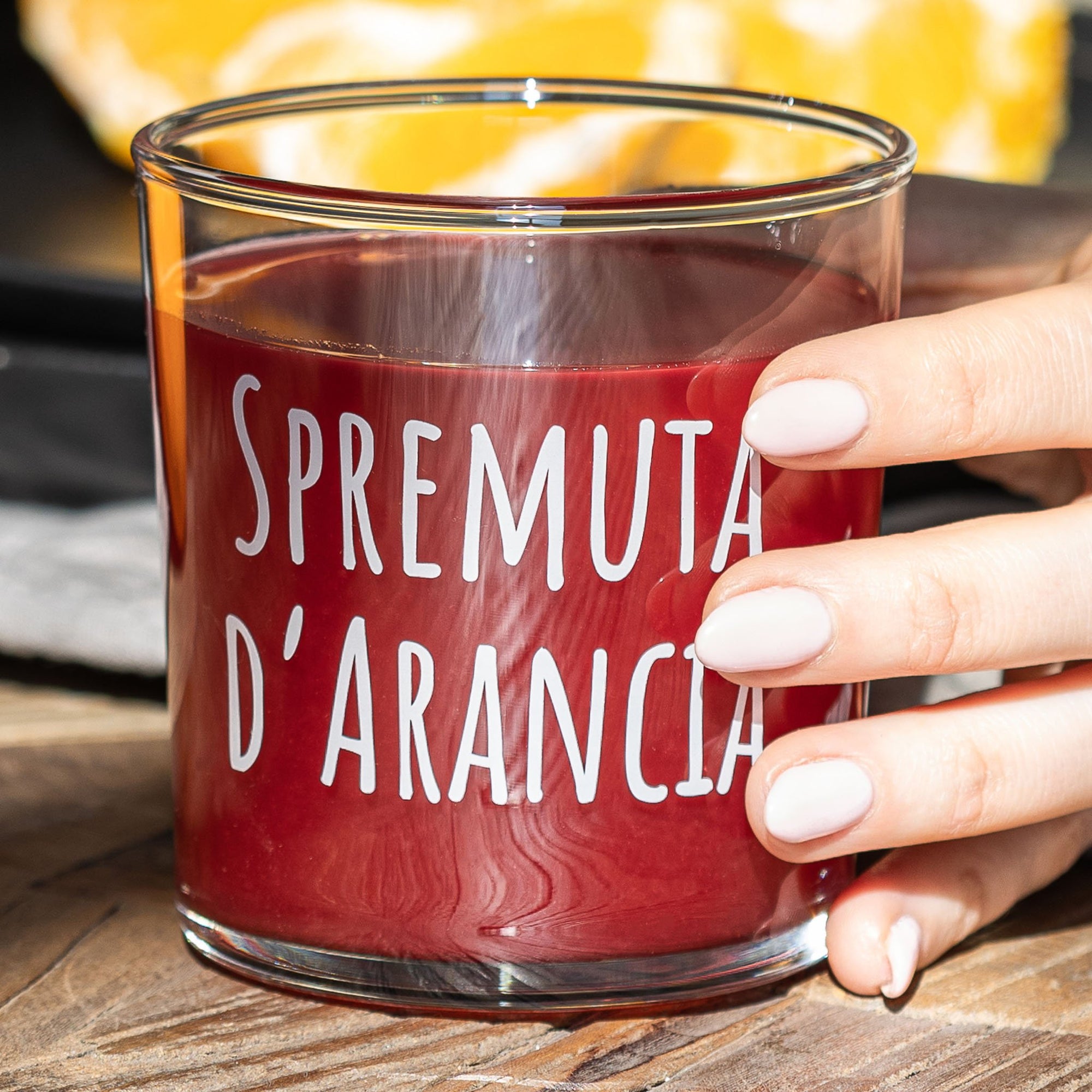 Set 6 bicchieri decoro "Spremuta d'arancia", trasparente con scritta in bianco. Simple day